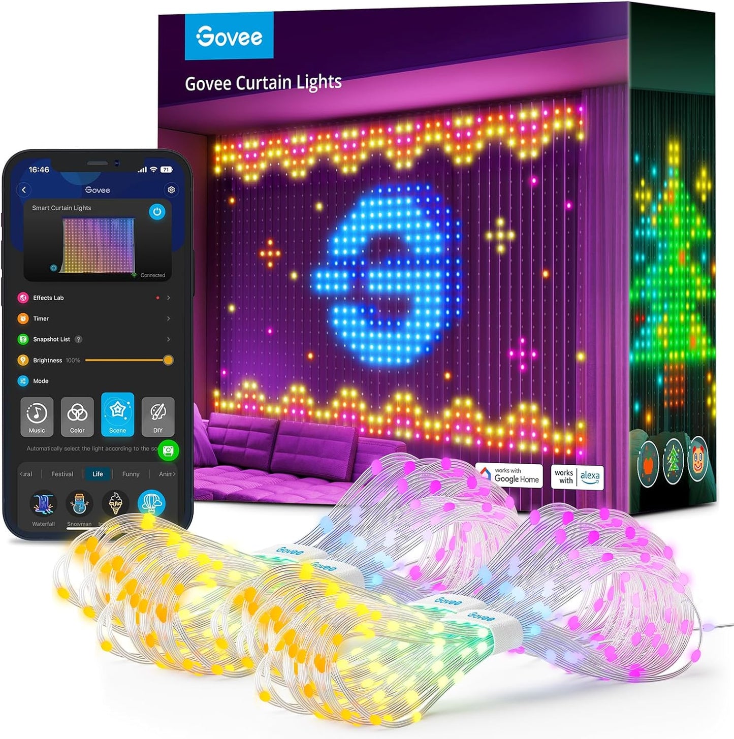 Govee Curtain Lights, Smart LED Window Lights, RGB Color Changing Wall Light, Dynamic DIY Curtain String Lights for Bedroom Holiday Decor, Outdoor IP65 Waterproof, 5 x 6.6ft, 520 RGBIC LEDs, 2 Pack