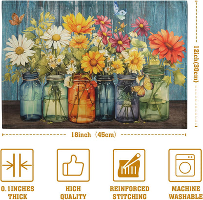 Rustic Daisy Placemats Set of 4 Vintage Flower Vases Wood Grain Linen Table Mats 12x18 Inch Summer Floral Wooden Board Farmhouse Washable Place Mat for Party Kitchen Dining Outdoor Indoor Decor