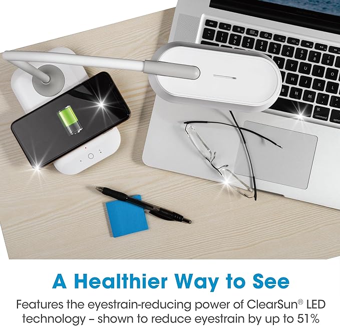 OttLite Achieve LED Sanitizing Desk Lamp Wireless Charging and USB Charging - Touch Activated, Flexible Neck, Modern Light for Reading, Crafting & Office Desktop