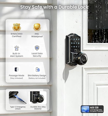 Veise VE028 Built-in Wi-Fi Smart Lock with Knob, Fingerprint Keyless Entry with Handle, App Remote & Voice Control, Electronic Digital Keypad for Front Door and Bedroom, IP65 Waterproof, Matte Black