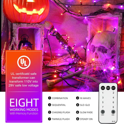 XTF2015 Orange Purple Halloween String Lights, Halloween Light 105ft 300 LED Color Changing, End to End Plug Waterproof Halloweens Decoration Lights Outdoor Indoor for Bedroom Patio Decor
