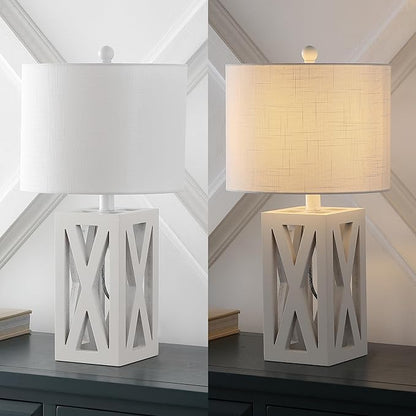 JONATHAN Y 21.5" White Farmhouse Wood Table Lamp for Bedside and Living Room, White Linen Drum Shade, Rustic Modern Desk Lamp for Bedroom, LED Bulb Included (JYL1062B-SET2)