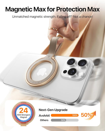 andobil[2025 Premium Leather]Magnetic Phone Grip for MagSafe[Unrivaled Stability]Adjustable Phone Ring Kickstand with Leather Loop Compatible with MagSafe Accessories&iPhone 16 Pro Max/15/14/13,Greige