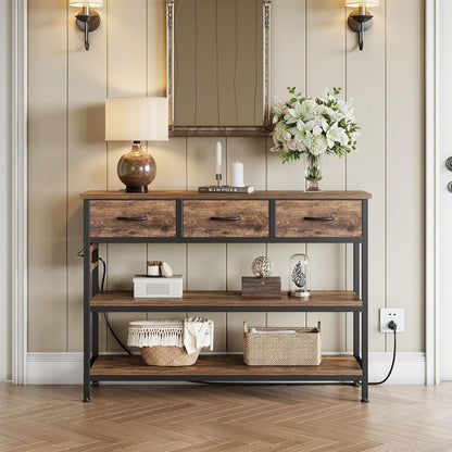 Lulive Entryway Table with Power Outlets, Console Table with 3 Fabric Drawers, Sofa Table for Living Room, Hallway, Couch, Foyer, Height Adjustable (Rustic Brown, 43")