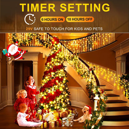 KNONEW Christmas Lights Outdoor Decorations 400 LED 33ft 8 Modes Curtain Fairy String Light with 75 Drops, Clear Wire LED String Light Indoor Decor for Wedding Party Christmas Decorations Warm White