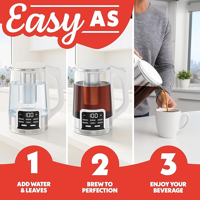 Gourmia Electric Glass Kettle – 1.7L Programmable Tea & Coffee Brewer with Digital Touch Display, 6 Presets, Removable Stainless Steel Infuser, Cordless with 360° Swivel Base, White