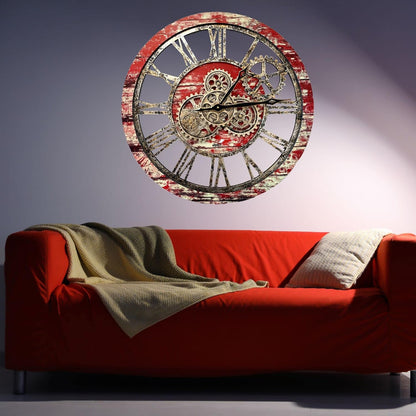 The Gears Clock The Original Real Moving Gear Wall Clock Vintage Industrial Oversized Rustic Farmhouse (24 inch (60cm),Red Lava)