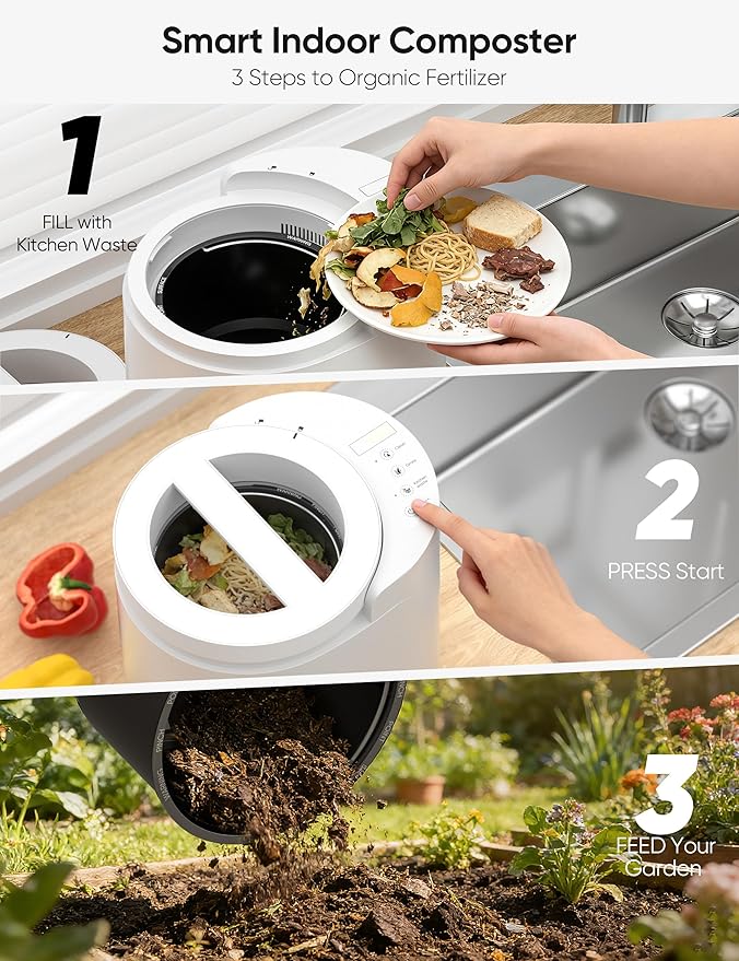 Compost Bin Kitchen, Auto-Cleaning Electric Compost Bin with Odorless & Low Noise Feature, Countertop Compost Machine for Food Scraps, Indoor Electric Food Waste Composter