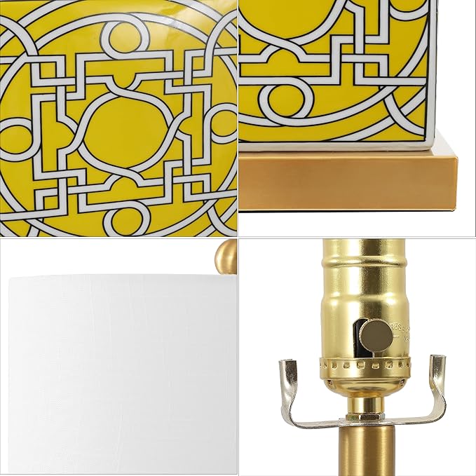 JONATHAN Y 22" Yellow/White Modern Ceramic Ginger Jar Table Lamp for Nightstand, Square Lattice Transitional Chinoiserie Lamp for Living Room, White Linen Shade, LED Bulb (JYL3044C)