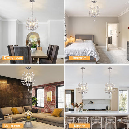 Ganeed 3-Light Branch Crystal Chandelier, Small Flush Mount Vintage Pendant Hanging Lighting, K9 Crystal Farmhouse Ceiling Light for Dining Room Bedroom Living Room Kitchen Hallway, Chrome Silvery