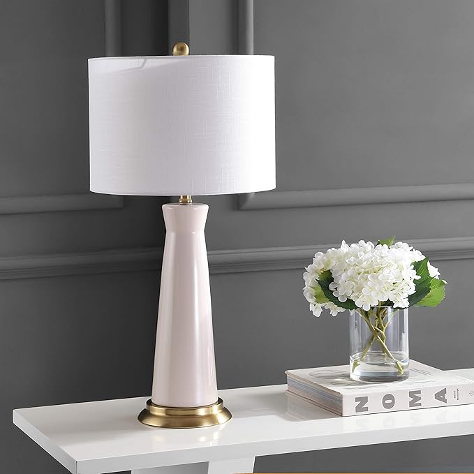 JONATHAN Y 29" Cream Modern Ceramic Column Table Lamp with Brass Gold Base, Elegant Bedside Lamp for Living Room Bedroom Nightstand, White Linen Shade, LED Bulb Included JYL3046A