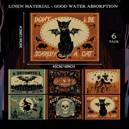 Umigy 6 Pcs Halloween Placemats 12"x18" Gothic Bat Placemats Kitchen Decoration Washable Witch Place Mats Rectangle Skull Table Mats for Halloween Dining Table Accessories(Scary)