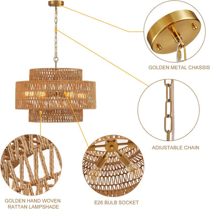 Hand-Woven Rattan Chandelier Vintage Farmhouse 6-Lights Boho Bamboo Chandelier Light Fixture 23.6" Retro 3-Tier Drum Wicker Rattan Golden Chandeliers for Dining Room, Kitchen, Living Room