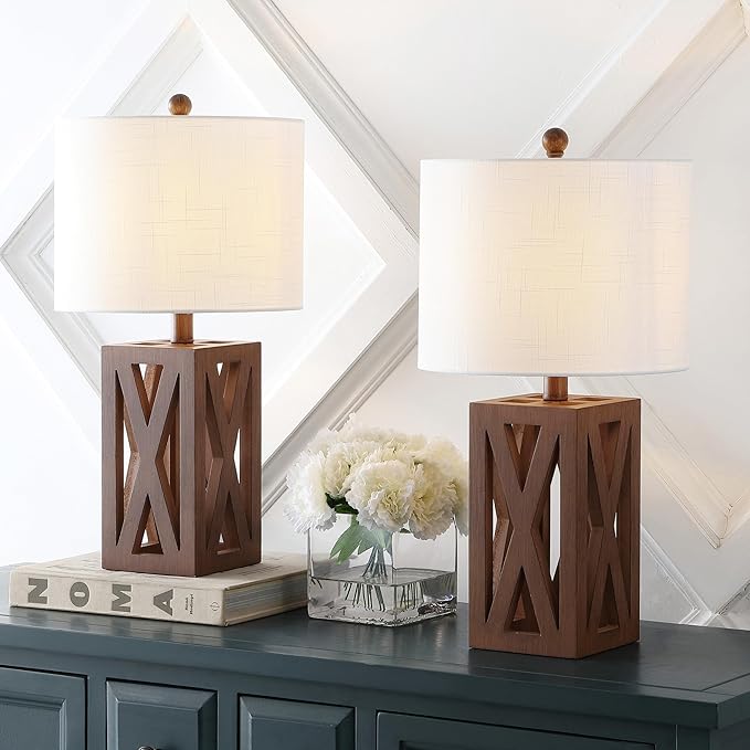 JONATHAN Y 21.5" Brown Farmhouse Wood Table Lamp for Bedside and Living Room, White Linen Drum Shade, Rustic Modern Desk Lamp for Bedroom, LED Bulb Included (JYL1062A-SET2)