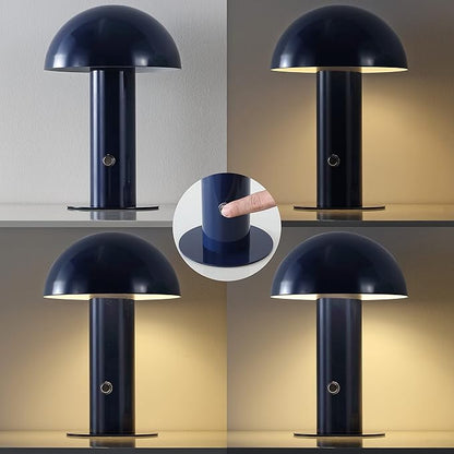 JONATHAN Y 10.75" Navy Rechargeable LED Mushroom Table Lamp, Cordless Portable Bedside Lamp for Living Room Bedroom, 3-Way Dimmable Modern Iron Desk Light, Metal Shade (JYL7115E)
