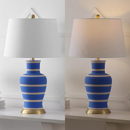 JONATHAN Y 29" Blue/Beige Traditional Ceramic Urn LED Table Lamp for Bedroom Decor, White Linen Drum Shade, Classic Nightstand Lamp for Living Room, LED Bulb Included (JYL4026L)