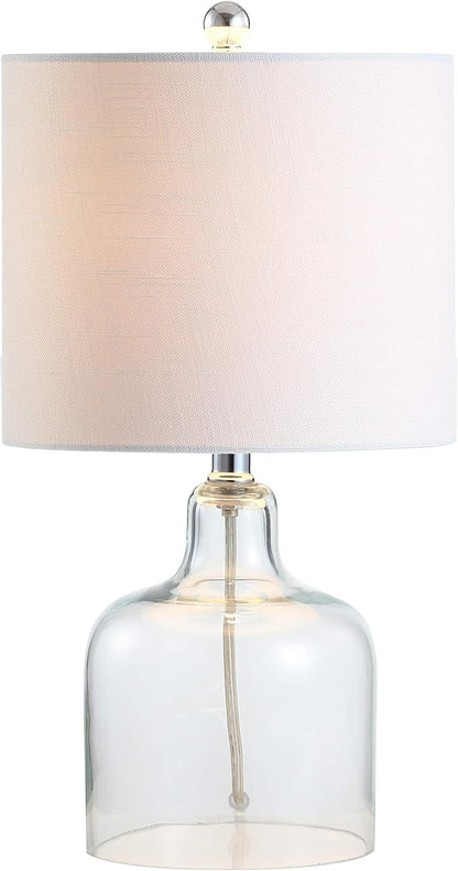 JONATHAN Y 19" Clear Glass Bell Table Lamp for Living Room Bedroom, White Linen Drum Shade, Modern Coastal Bedside Nightstand Lamp with LED Bulb, UL Listed (JYL1036C)