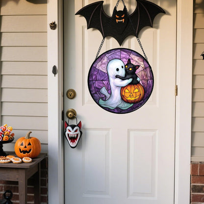 Stained Glass Window Hanging - Halloween Decorations Ghost Black Cat Pumpkin Suncatcher for Door Garden Spooky Purple Sun Catchers Gothic Decor Horror Gifts for Women Men Friend Boy 6.3 in