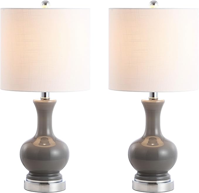 JONATHAN Y 22" Gray/Chrome Modern Glass Table Lamp Set of 2, Brass Gold Bedside Lamp with White Linen Shade for Bedroom Living Room, LED Bulbs Included (JYL4033B-SET2)