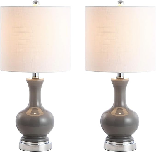 JONATHAN Y 22" Gray/Chrome Modern Glass Table Lamp Set of 2, Brass Gold Bedside Lamp with White Linen Shade for Bedroom Living Room, LED Bulbs Included (JYL4033B-SET2)