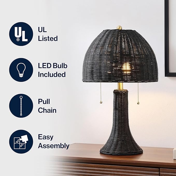 JONATHAN Y 22" Black/Brass Gold Bohemian Rustic LED Table Lamp for Bedroom, Natural Rattan Shade, Farmhouse Coastal Nightstand Lamp for Living Room, LED Bulbs Included (JYL4040D)