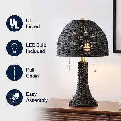 JONATHAN Y 22" Black/Brass Gold Bohemian Rustic LED Table Lamp for Bedroom, Natural Rattan Shade, Farmhouse Coastal Nightstand Lamp for Living Room, LED Bulbs Included (JYL4040D)