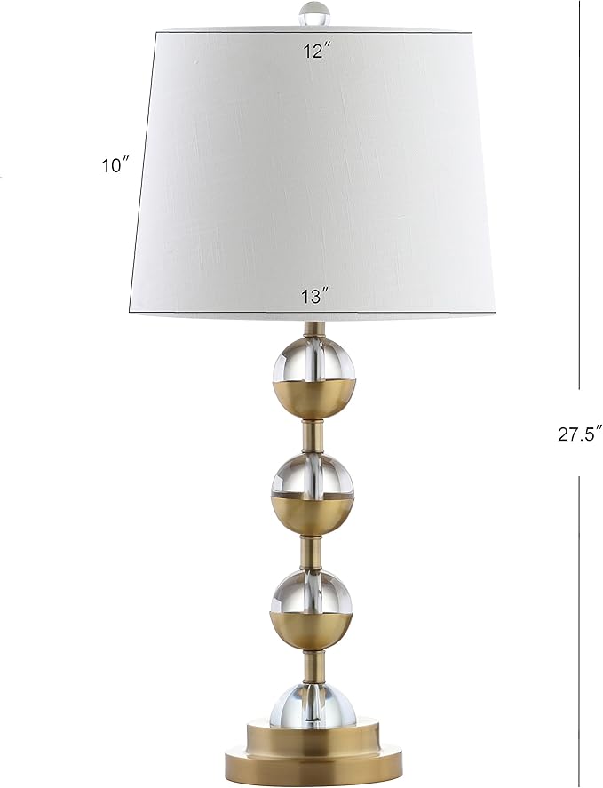 JONATHAN Y 27.5" Clear/Brass Gold Crystal LED Table Lamp Set of 2 for Bedroom, Modern Stacked Sphere Lamps for Living Room, White Linen Drum Shade, LED Bulbs Included JYL2049A-SET2