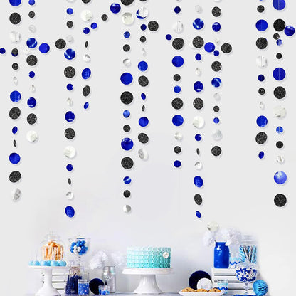 46Ft Navy Blue Black Silver Circle Dots Garland Royal Blue Black Polka Dots Streamer for Birthday Graduations Wedding Bridal Baby Shower Nautical Ahoy Achor Pirate Theme Party Decorations Supplies