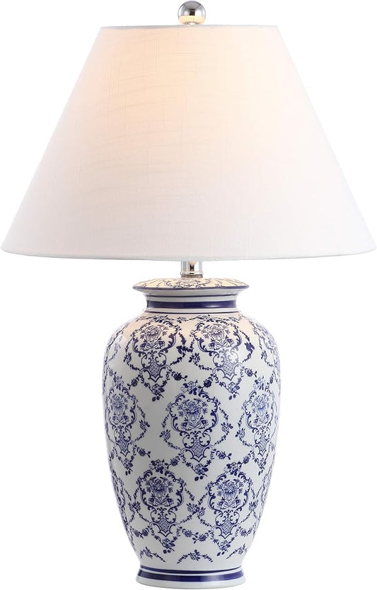 JONATHAN Y 26.25" Blue/White Chinoiserie Ceramic Table Lamp, Traditional Asian-Inspired Urn Lamp for Living Room Bedroom, White Linen Shade, LED Bulb Included JYL8023A