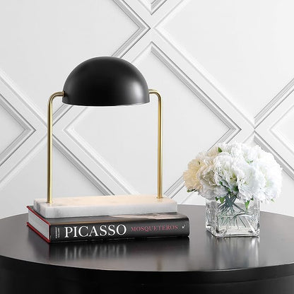 JONATHAN Y 13.5" Brass Gold and Black Art Deco Dome Table Lamp with White Marble Base, Modern Glam Desk Lamp for Living Room, Office, Bedroom, Metal Shade, LED Bulb Included JYL1044A
