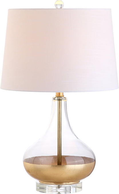 JONATHAN Y 24.5" Gold Painted Glass Table Lamp, Modern Glam Teardrop Nightstand Lamp with White Linen Drum Shade and Crystal Base, UL Listed, LED Bulb Included JYL5007A
