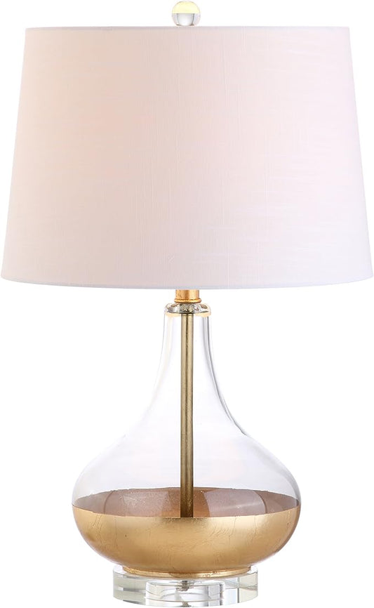 JONATHAN Y 24.5" Gold Painted Glass Table Lamp, Modern Glam Teardrop Nightstand Lamp with White Linen Drum Shade and Crystal Base, UL Listed, LED Bulb Included JYL5007A