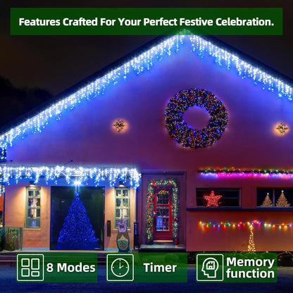 792 LED Icicle Lights, 82ft 8 Modes Fairy Hanging String Lights with Time Waterproof, Plug-in Christmas String Lights for Holiday Wedding Party Decorations, Blue & CoolWhite