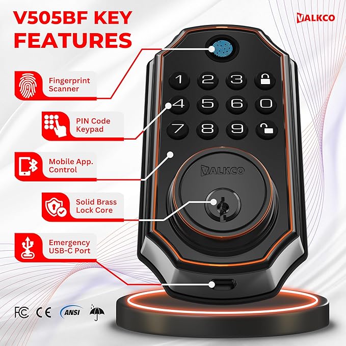 VALKCO Smart Door Lock V5O5BF, Keyless Entry Door Lock with Keypad and Bluetooth App Control, Fingerprint Deadbolt, Smart Door Lock for Front Door, Auto Lock, IP54 Weatherproof, Easy Installation.