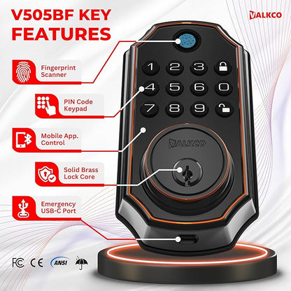 VALKCO Smart Door Lock V5O5BF, Keyless Entry Door Lock with Keypad and Bluetooth App Control, Fingerprint Deadbolt, Smart Door Lock for Front Door, Auto Lock, IP54 Weatherproof, Easy Installation.