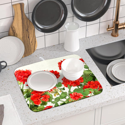 Spring Dish Drying Mat for Kitchen Counter Geranium Summer Floral Seasonal Absorbent Reversible Microfiber Kitchen Countertop Protector Dishes Pad Small 16x18 inch