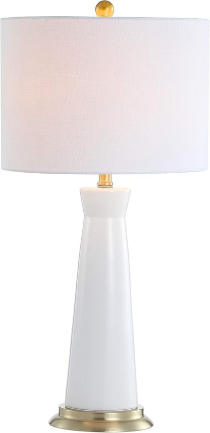 JONATHAN Y 29" White/Brass Gold Modern Ceramic Column Table Lamp with Brass Gold Base, Elegant Bedside Lamp for Living Room Bedroom Nightstand, White Linen Shade, LED Bulb Included (JYL3046B)