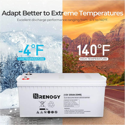 Renogy Deep Cycle AGM Battery 12 Volt 200Ah, 3% Self-Discharge Rate, 2000A Max Discharge Current, Safe Charge Most Home Appliances for RV, Camping, Cabin, Marine and Off-Grid System, Maintenance-Free