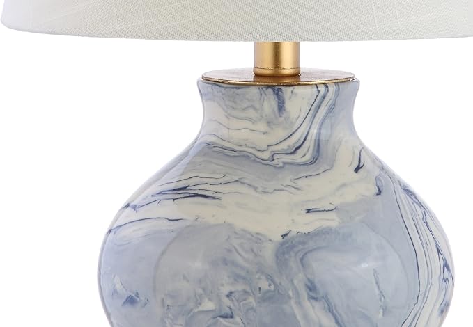 JONATHAN Y 20.5" Blue/White Marbleized Ceramic Table Lamp, Contemporary Traditional Bedside Lamp for Living Room, Gold Accents, White Linen Empire Shade, LED Bulb Included JYL3007A