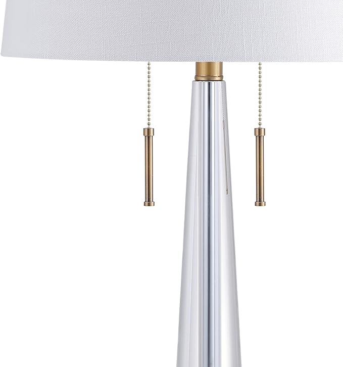 JONATHAN Y 29.5" Clear/Brass Gold 2-Light Crystal LED Table Lamp, Contemporary Glam Bedside Lamp for Living Room, White Linen Drum Shade, Pull Chain, LED Bulbs Included JYL2018A