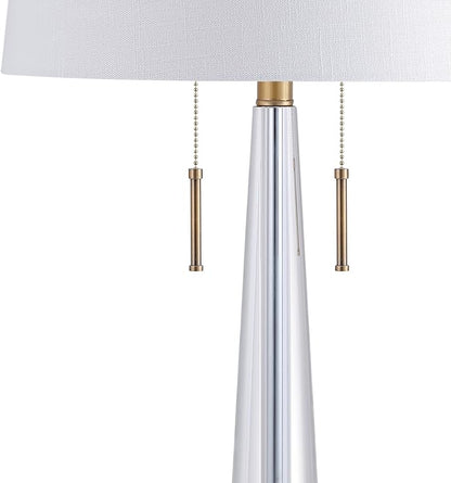 JONATHAN Y 29.5" Clear/Brass Gold 2-Light Crystal LED Table Lamp, Contemporary Glam Bedside Lamp for Living Room, White Linen Drum Shade, Pull Chain, LED Bulbs Included JYL2018A