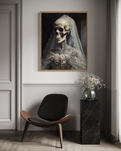 Skull Gown Poster Art Print, Halloween Scary Vintage Wall Art Academia Spooky Painting Decoration for Horror Prints, Gothic Posters Bedroom Decor 89 (Skull Gown, 16 x 20 inches, Wood Frame)