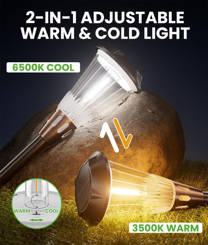 Bright Solar Pathway Lights Outdoor 8 Pack, 2-in-1 Warm&Cool Solar Lights Outdoor, Pathway Landscape Lighting Waterproof IP65, Auto On/Off Outdoor Light for Lawn Patio Walkway Garden Landscape
