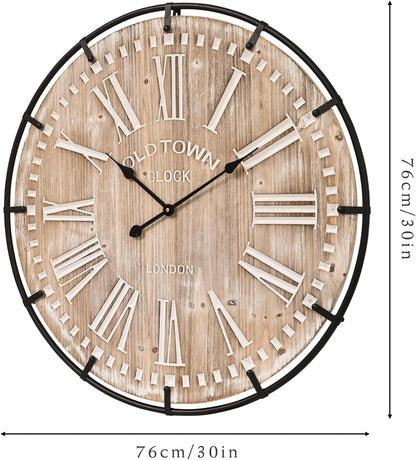 Large Wall Clock –30 Inch Farmhouse Clock -Extra Large 30 Inch Wood and Metal Wall Clock, Silent and Battery Operated for Living Room, Kitchen and Office Decor
