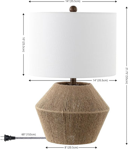 JONATHAN Y 21.75" Brown Rope Coastal Rustic Table Lamp, Farmhouse Iron Lamp with White Linen Drum Shade for Living Room Bedroom Nightstand, LED Bulb Included JYL4049A