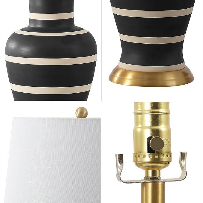 JONATHAN Y 29" Black/Beige Traditional Ceramic Urn LED Table Lamp for Bedroom Decor, White Linen Drum Shade, Classic Nightstand Lamp for Living Room, LED Bulb Included (JYL4026J)