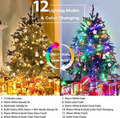 Brizled Color Changing Christmas Lights, 33ft 100 LED Connectable, 12 Modes Warm White & Multicolored Xmas Tree Lights with Remote, Dimmable for Indoor/Outdoor Decor