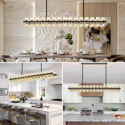 Crystal Black Rectangular Chandelier Light Fixture,54 in Dining Room Chandeliers Over Table,Modern Chandeliers For Living Room,Arcachon Chandelier,Kitchen Island Chandeliers Includes 60xG4 Bulbs