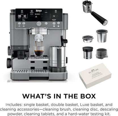 Ninja Luxe Cafe Premier Series, Espresso Machine, Drip Coffee, Rapid Cold Brew, Integrated Grinder, Hands-Free Frother, with Knock Box, Water Filter, Cleaning Tablets, Descaler, ES601GM