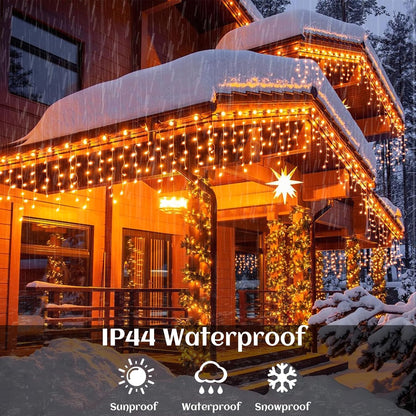 33 FT 400LED Halloween Lights, Orange Icicle Lights for Outside, Clear Wire Twinkle String Light with Timer 8 Modes Waterproof for Window House Patio Yard Wedding Classroom Festival Decor